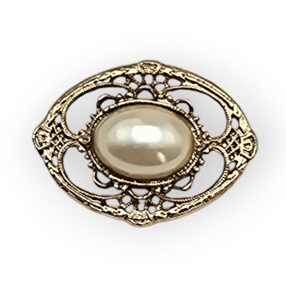1928 Gold Tone Filigree Pearl Brooch – Oval Heirloom Style